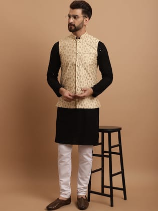 Men's Cotton Black Kurta and White Pyjama Cream Nehrujacket Set-38