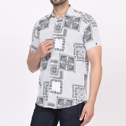 Men's Regular Fit Half Sleeve Printed Shirt-White-S