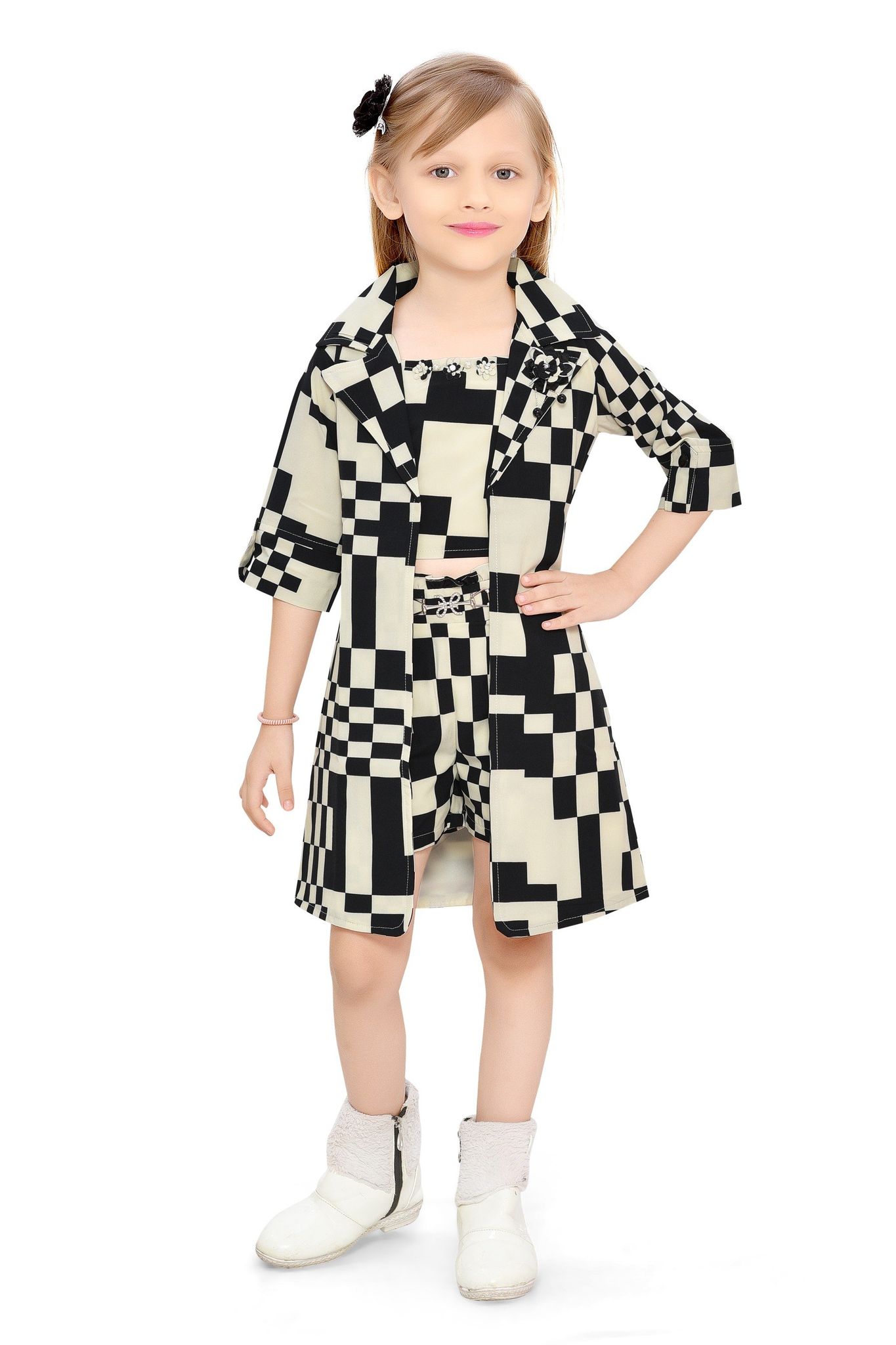 Be:Kids Chic Checkerboard Cream Girls' Two-Piece Outfit: Sleeveless Top and Matching Shorts Set