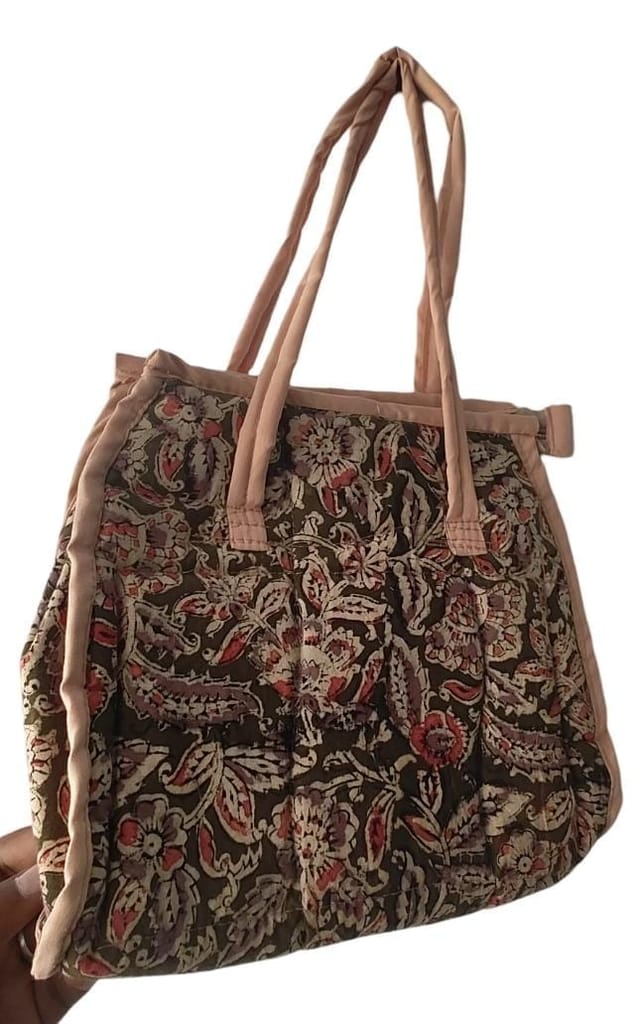 KALANKARI Handcrafted Floral Print Cotton Tote Bag with Double Handles