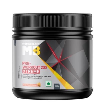 MuscleBlaze Pre Workout 200 Xtreme (Fruit Punch, 200g) 200mg Caffeine, 200mg Theanine, 2000mg Beta Alanine, 3000mg Citrulline