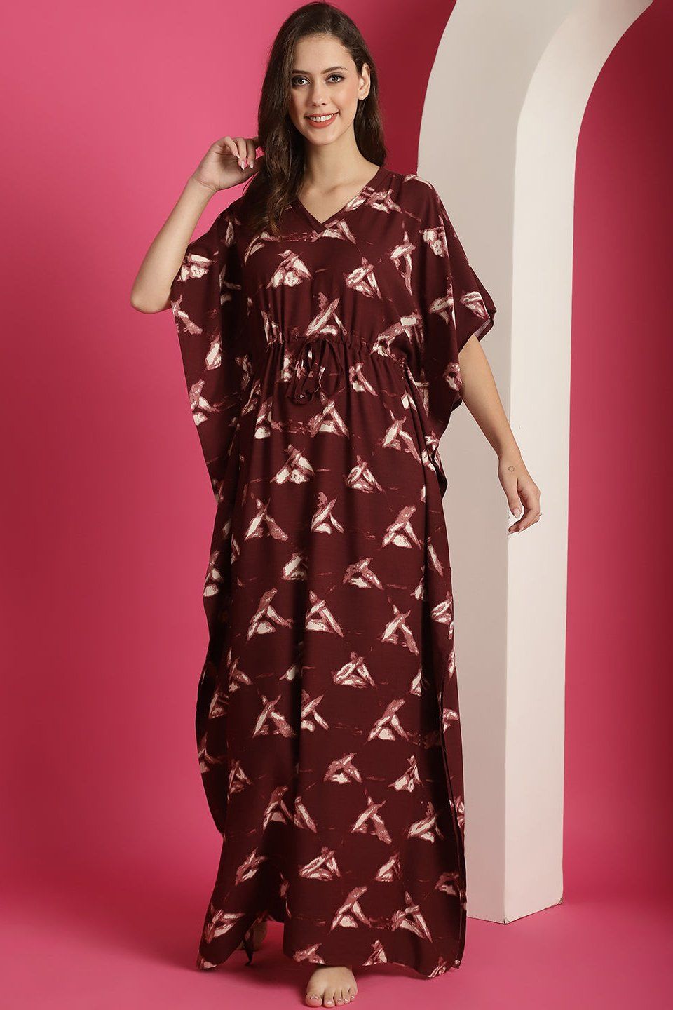 Maroon Colour Printed Viscose Rayon Maxi Kaftan Nightdress-Onesize