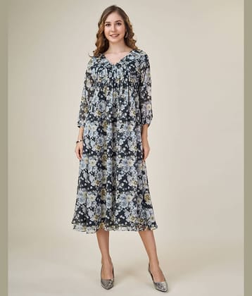 MOJILAA Women Georgette Printed Empire Dress ( Teal )