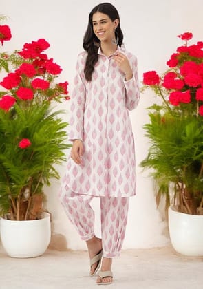 White Cotton Straight Kurta Hem Cuffed Pant set-XS