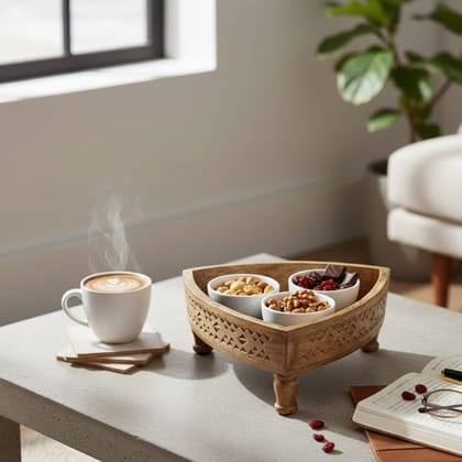 BAANMATA INTERNATIONAL Handicraft Showpiece Triangular Chakki Table,Wooden Carved Grinder Table,Home Decors Lamp Table Cum Coffee Table,Brass Embossed Cocktail Table