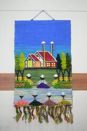 Handwoven Decorative Wall Tapestry, Countryside Village Scene with Houses, Trees, Colorful Landscape, Textile Art, Blue
