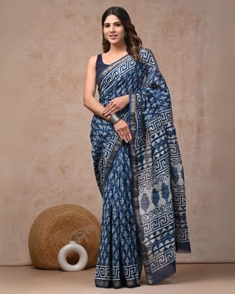 Inspiring Maheshwari Pure Silk Indigo Saree Blockprint