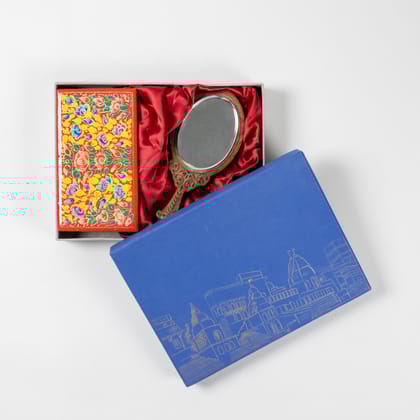 Papier Mache Gift Box with Scarf & Hand Mirror-Papier mache box x 1 / Silk Scarf x 1 / Hand mirror x 1 / 10.25 inches x 10.75 inches x 1.75 inches (Box Dimensions)