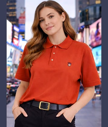RELANE Women Polyester Solid Oversized Fit Polo Collar T-Shirt ( Rust )