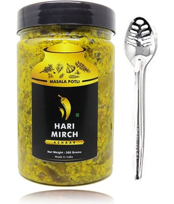 Masala Potli Homemade Rajasthani Hari Mirch Achar & Spoon | Green Chilly Pickle Pickle 500 g