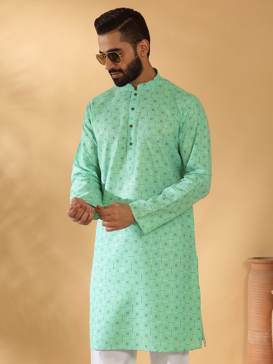 Floral Printed Geometric Cotton Blend Straight Kurta