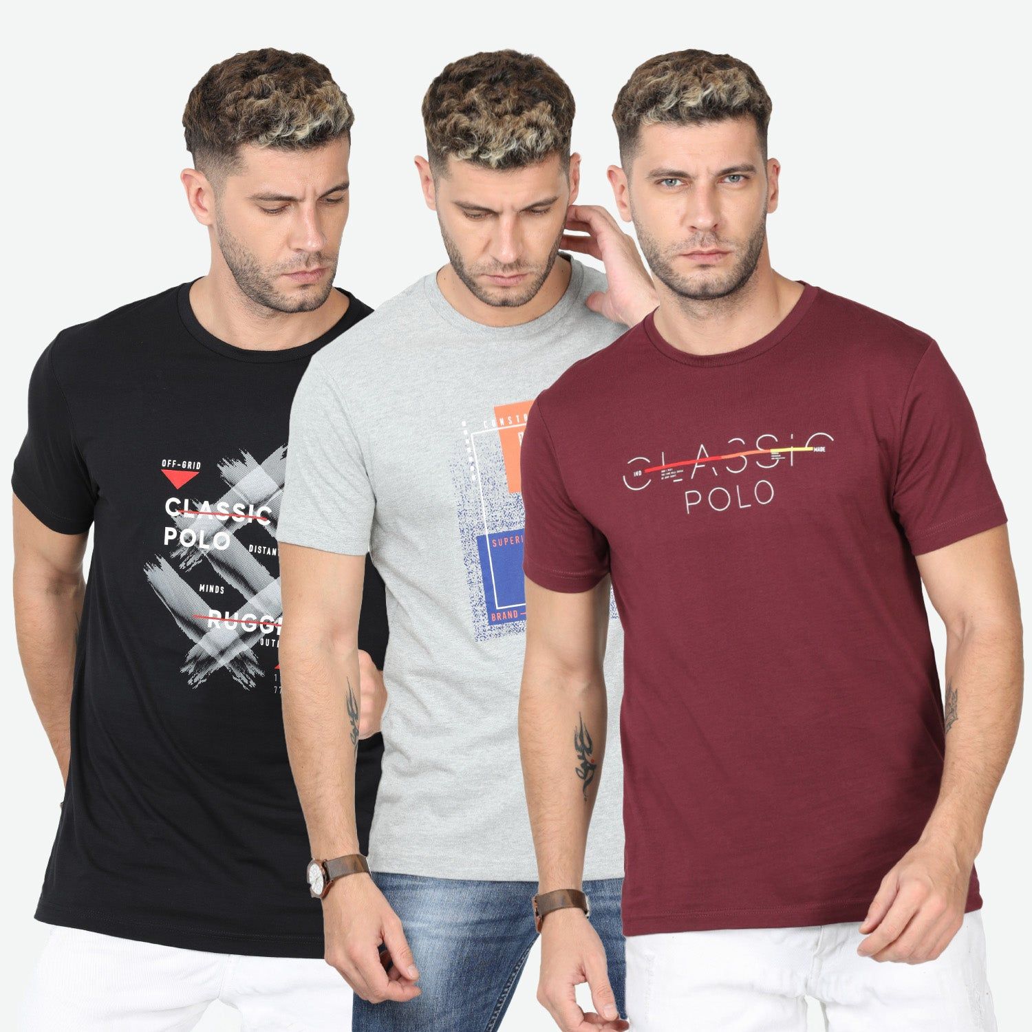 Classic Polo Mens Cotton Half Sleeve Printed Slim Fit Crew Neck Multi Color T Shirt | Toy-Trio-905 SF