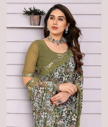 TTH Georgette Printed Saree With Unstitched Blouse Piece ( Green )