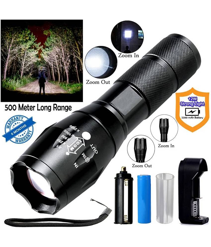 Q Small Sun 500 Meter Zoomable Waterproof Chargeable LED 5 Mode Full Metal Body - 12W Rechargeable Flashlight Torch (Pack of 1)