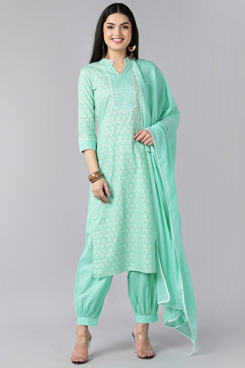 Sea Green Pure Cotton Straight Kurta Pant With Dupatta VKSKD1274