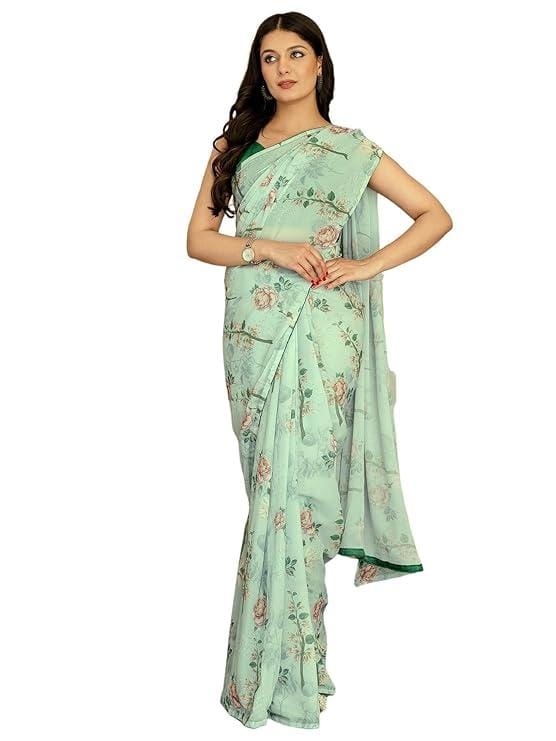 Satrani Women's Georgette One Minute Pre Stitched Floral Printed Ready To Wear Saree