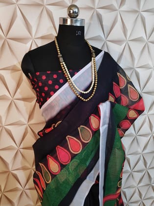 TheHangr Women's Linen Multicolor Printed Saree