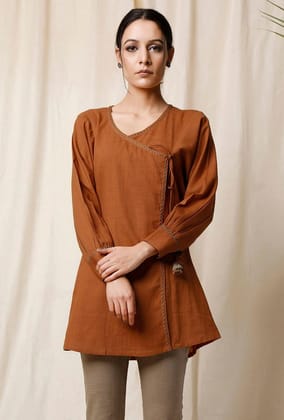 Narangi Angrakha Cotton Slub Top-S