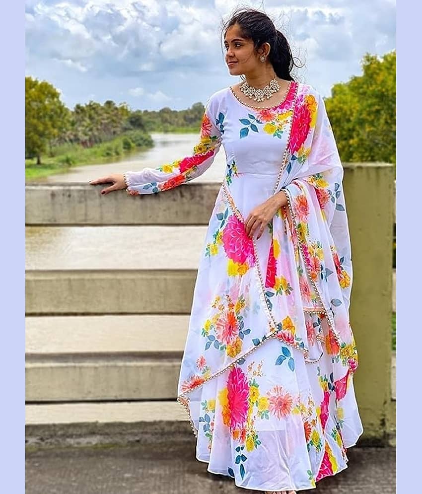 BHAGVATI ENTERPRISEBHAGVATI ENTERPRISE White Anarkali Crepe Women's Stitched Ethnic Gown ( Pack of 1 )