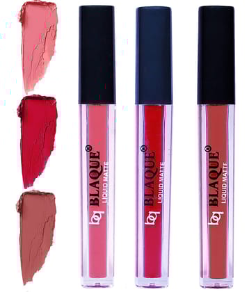 bq BLAQUE Matte Liquid Lipstick Combo of 3 Lip Color 4ml each, Waterproof - Coral Peach, Dark Pinkish Red, Brown