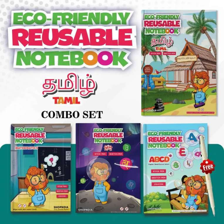 Reusable Notebooks for Kids Handwriting Improvement - Tamil Combo - Set of 4 (Set 1)