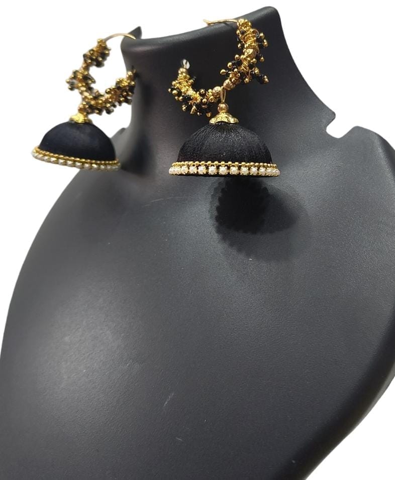 Black Silk Thread Jhumka Earrings with Pearl and Stone Detailing