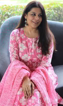Cotton Blush Floral Print Suit Set with Printed Cotton Dupatta-XXS