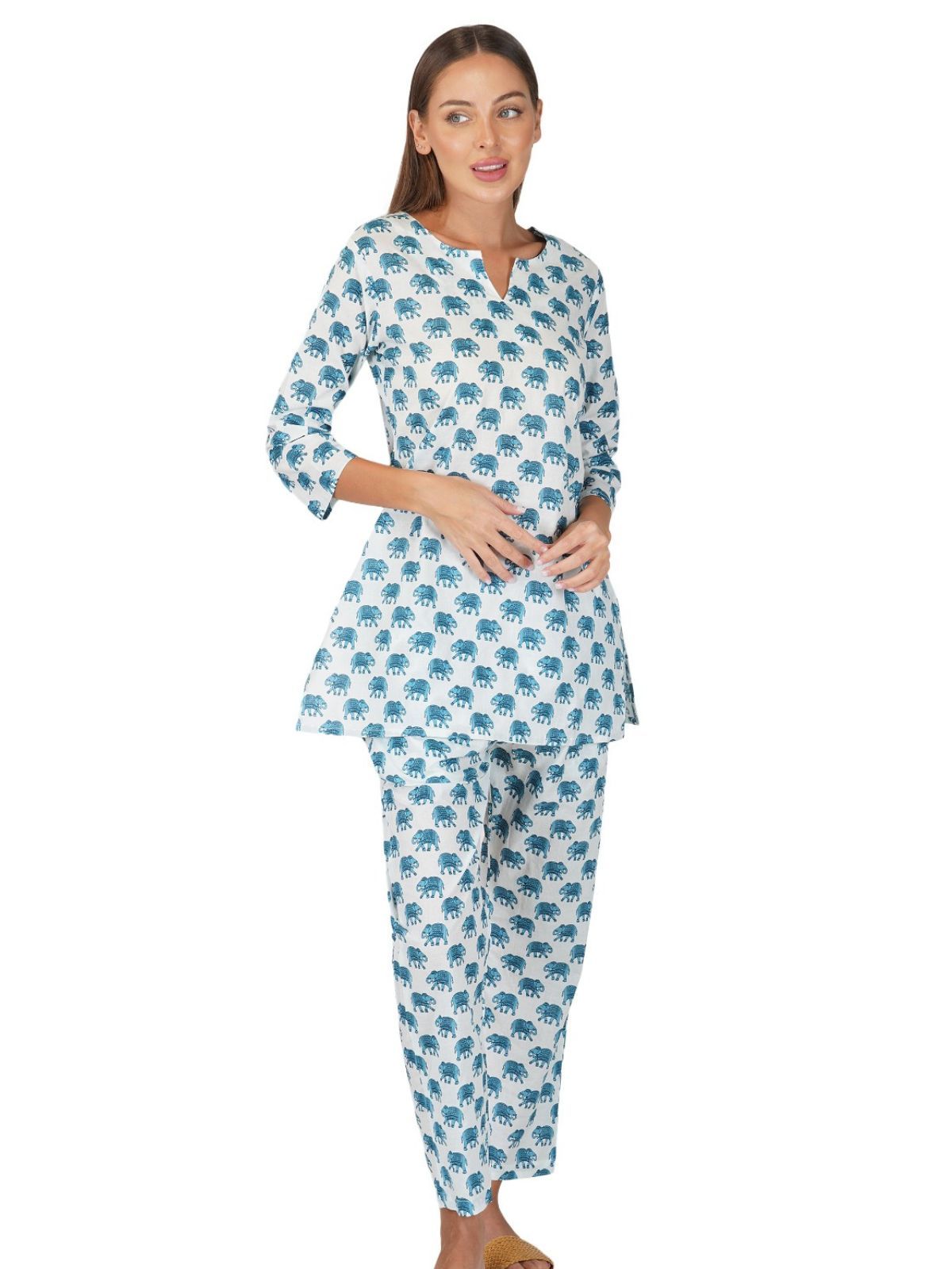 Printed Comfy Night Wear-S / White and Blue