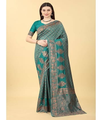 NENCY FASHION Banarasi Silk Printed Saree With Unstitched Blouse Piece ( SkyBlue )