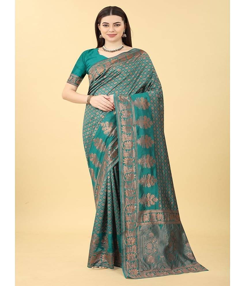 NENCY FASHION Banarasi Silk Printed Saree With Unstitched Blouse Piece ( SkyBlue )