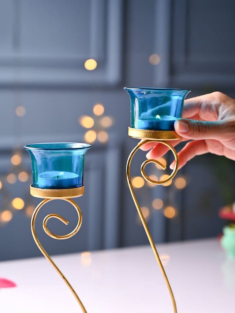 Decorative Gold Metal & Blue Glass Tealight Candle Holders Set