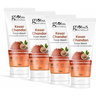 Globus Naturals Kesar Chandan Skin Lightening & Tan Removal Face wash, For Natural Glow & Spotless Skin, Natural & Ayurvedic Formula, Chemical Free, Suitable For All Skin Types, 75 gm, Set of 4