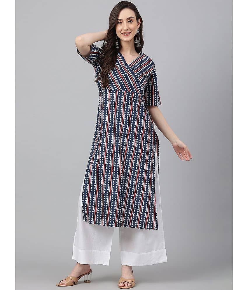Janasya - Navy Blue Cotton Women's Straight Kurti ( Pack of 1 )