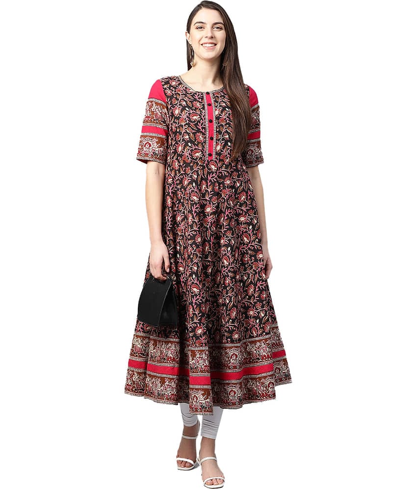 Yash Gallery Cotton Printed Flared Women's Kurti - Multicolor ( Pack of 1 )
