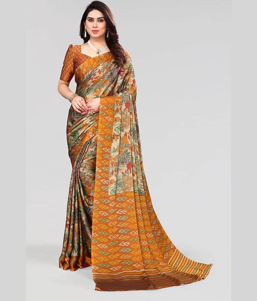 FABMORA Chiffon Printed Saree With Unstitched Blouse Piece ( Orange )