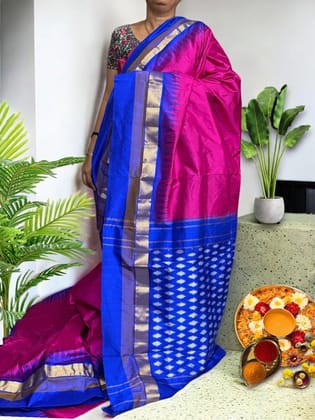 Semi Pochampally Ikkat Silk Pink Blue Sari