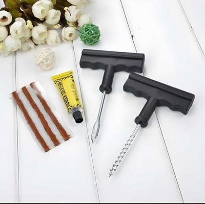 Tubeless Tyre Puncture Repair Kit with Rubber Solution & 3 Repair Strips | Heavy-Duty T-Handle Emergency Tyre Plug Kit for Car, Bike, Scooter, SUV & Motorcycle (Original Quality)