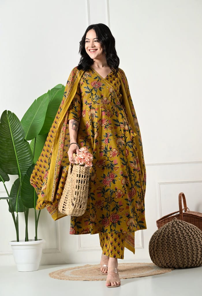 Angrakha Style Anarkali 12-Kali Kurta Set with Dupatta | Handcrafted with Elegant Badla Work