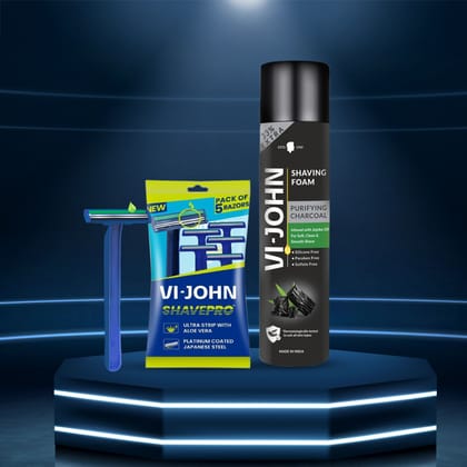 VI-JOHN Purifying Charcoal Shaving Foam 300gm and Shave Pro 2-Blade Razors Pack of 5