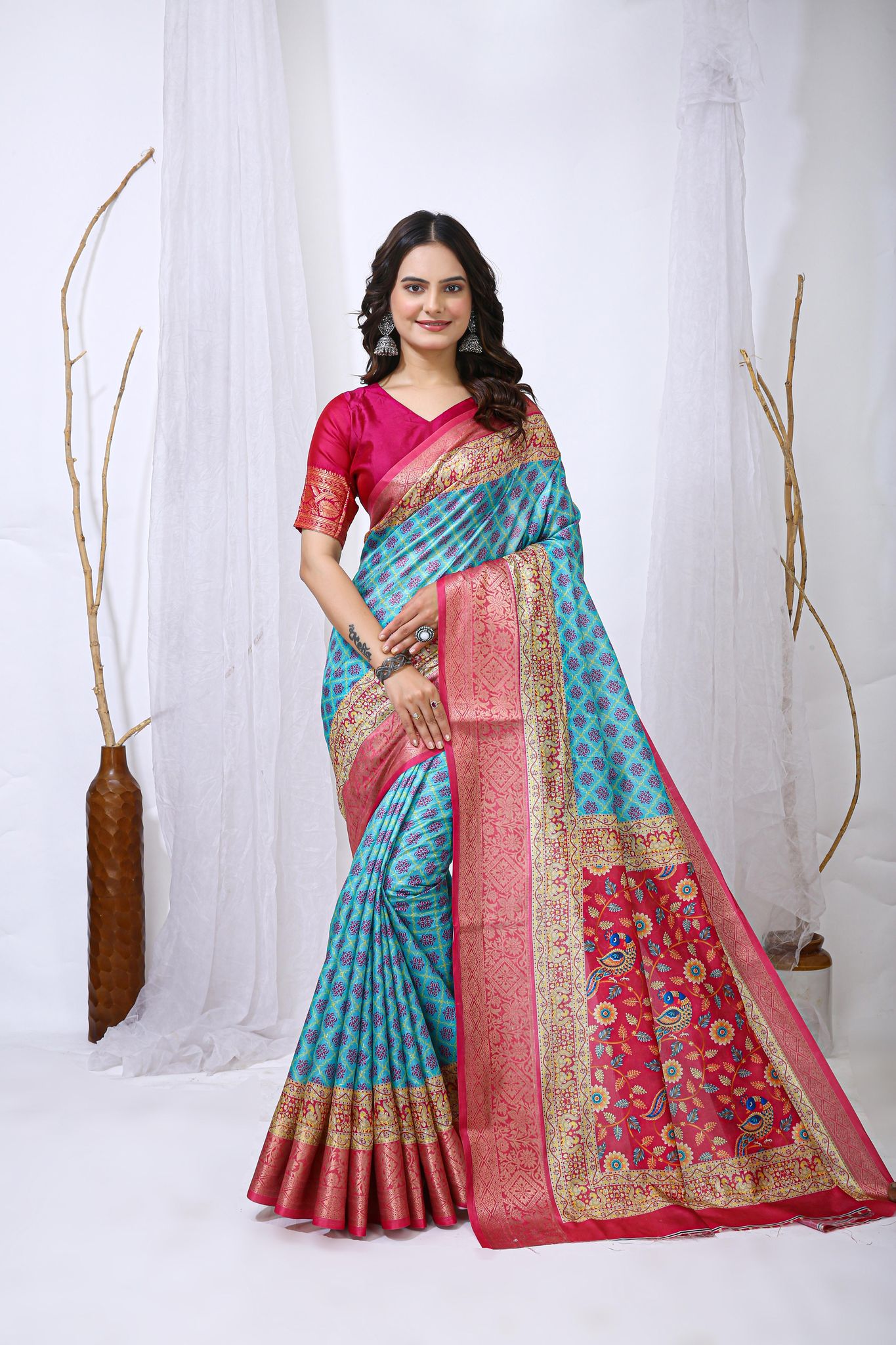 Dola Silk Cotton Saree with Kalamkari print