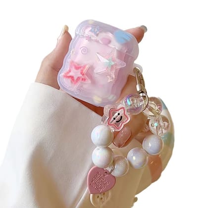 Cute Pink Stars Wavy Silicone Airpod With Lanyard-Airpod (1st Gen / 2nd Gen)