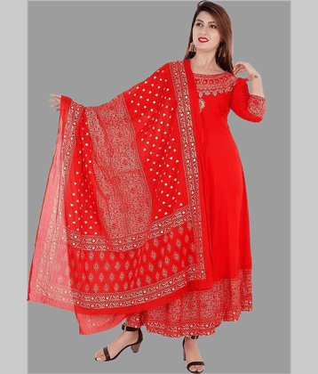 NUPITAL Rayon Printed Anarkali Women's Kurti with Dupatta - Red ( Pack of 1 )