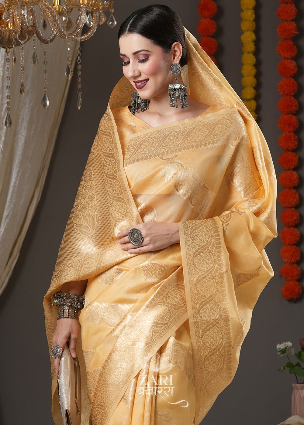 Light Orange Organza Woven Silk Saree