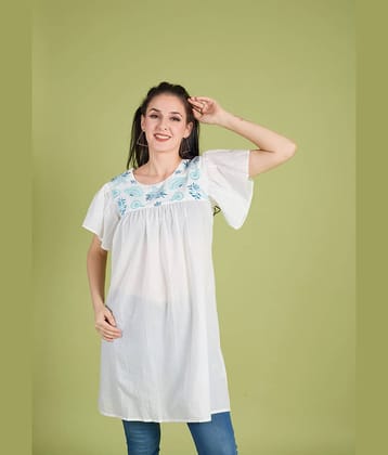 Mantra Fashion Women's White Cotton Embroidered Knee Length Fit & Flare Dress ( Pack of 1 )