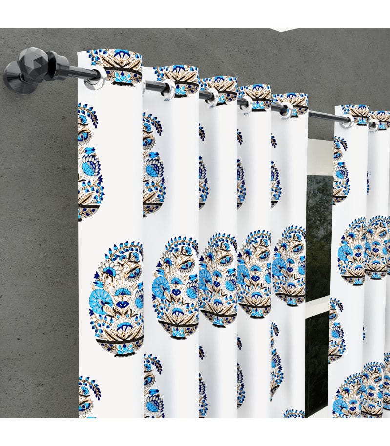 Floral Blue Kairi Print Curtains Traditional Indian Pinar Block Design ( 5 Feet )