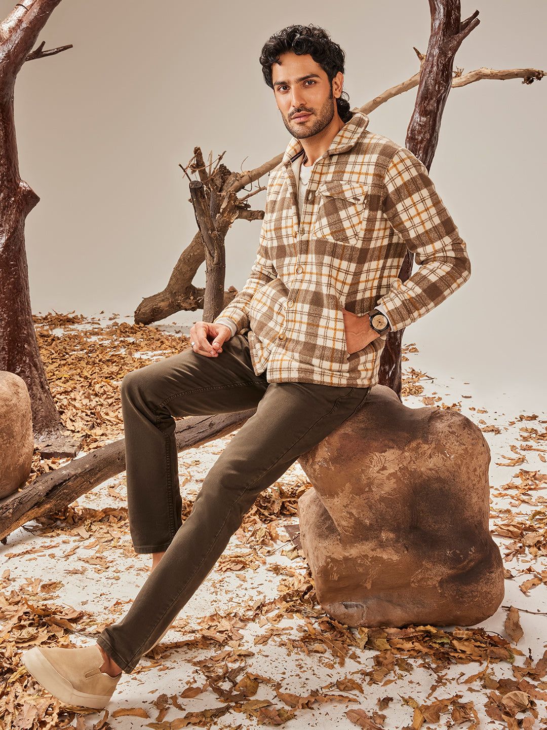 Brown Checkered Shacket-M / Brown