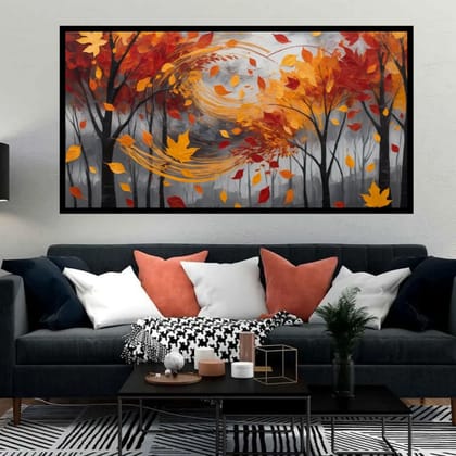 Luminary Autumn Gale – Whirlwind Maple Abstract Museum-Quality Cotton Canvas Art for Modern Living Room Décor | Frame Size (127 X 69 Cm) | Frame Type (Black) | 5-Year Warranty