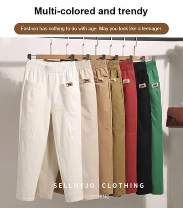 Women's Elastic Waist Cotton Trousers-XS / White