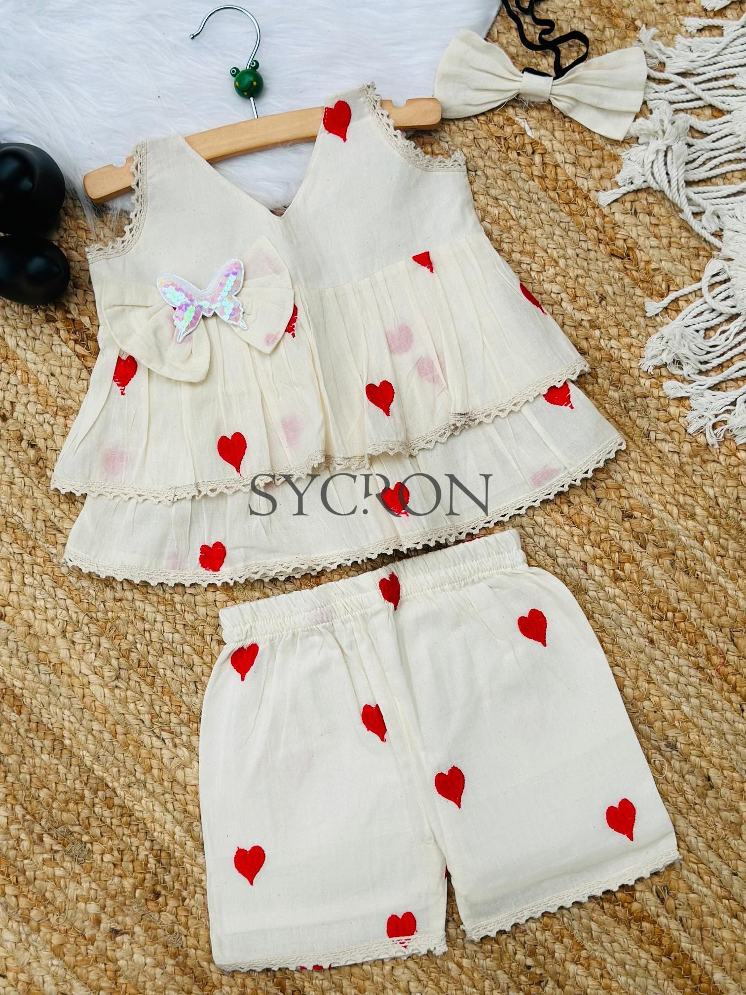 Adorable Premium Cotton Heart Embroidered Kids Cord Set-Red / 0-6 Month