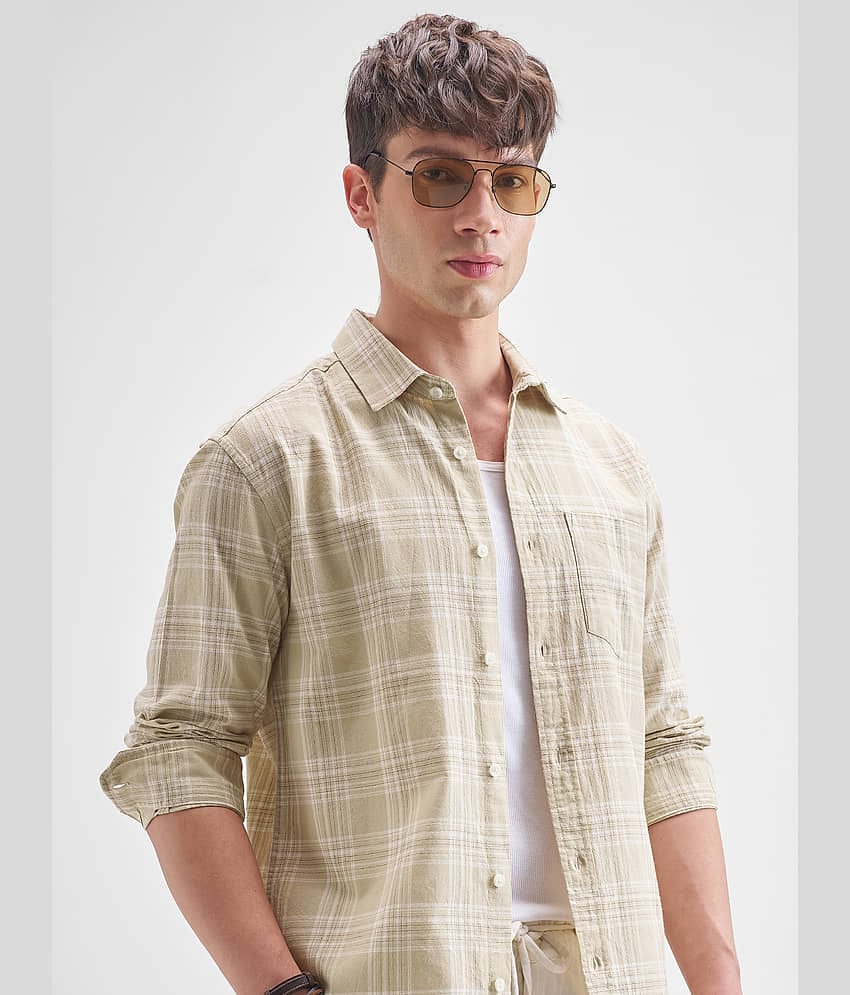 Highlander 100% Cotton Relaxed Fit Checks Full Sleeves Men's Casual Shirt - Beige ( Pack of 1 )